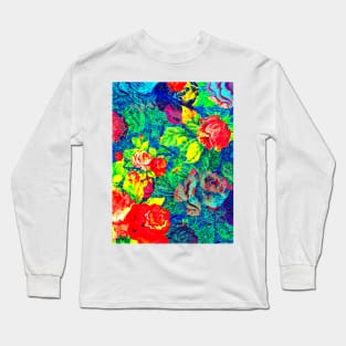 Brightly Colored Rose Pattern Blue Background Long Sleeve T-Shirt